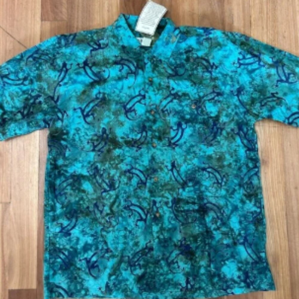 NWT Orvis button down short sleeve. Hand dyed Batik. Lizard pattern. Cotton. SzL